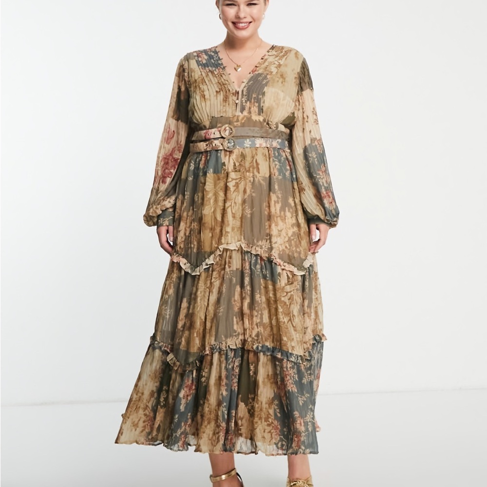 ASOS CURVE Size 16 Patchwork Print Midi Dress w/ Pleats and Double Belt Details